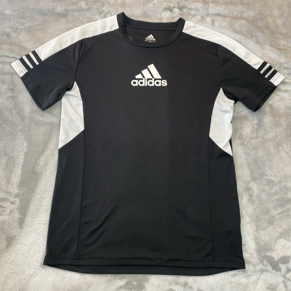 Adidas Athletic T-Shirt Kids Size L 14/16 Black White Mesh‎ Panel Logo Tee